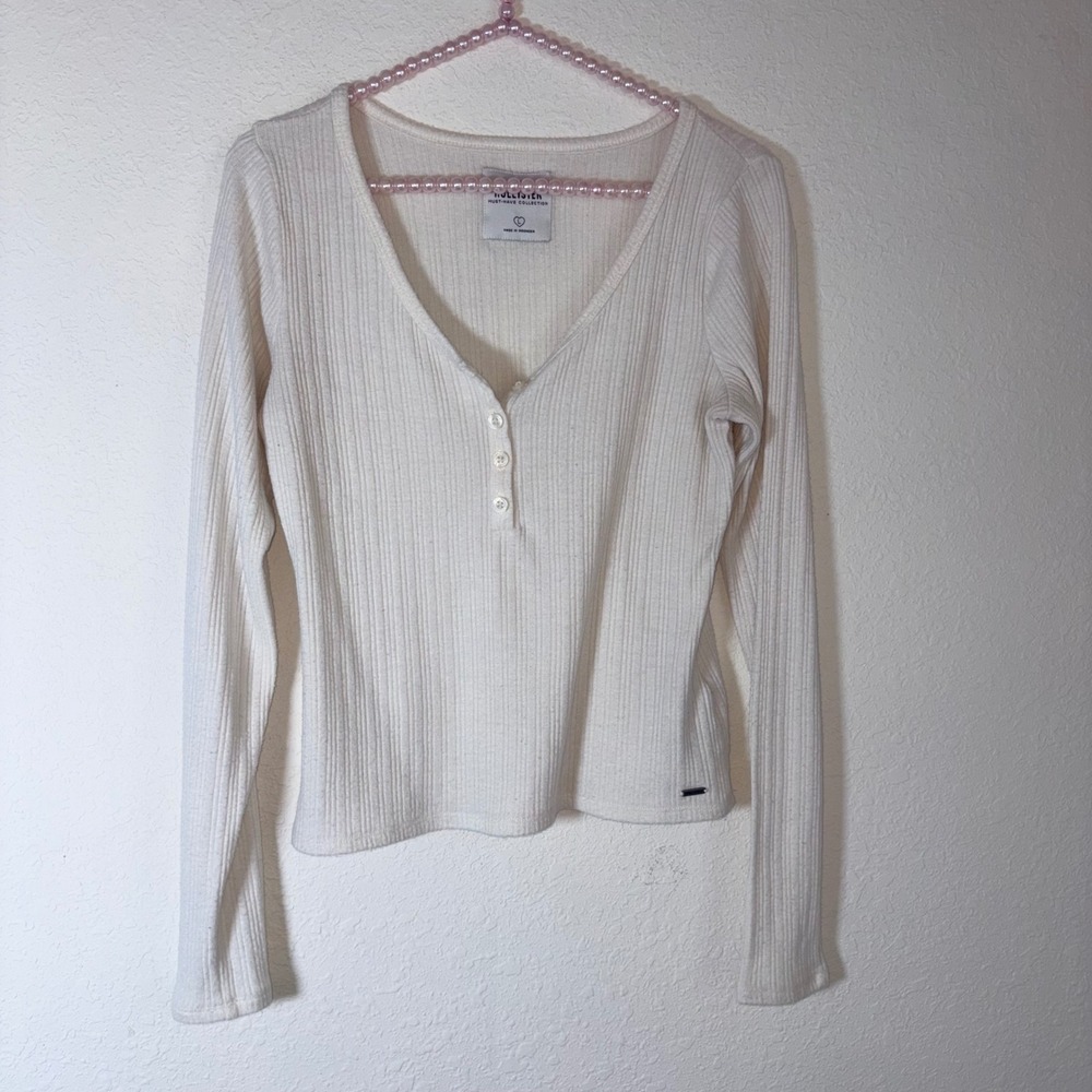 Hollister Henley Top Large Cream Excellent‎ Ribbed Long Sleeve V-Neck Shirt